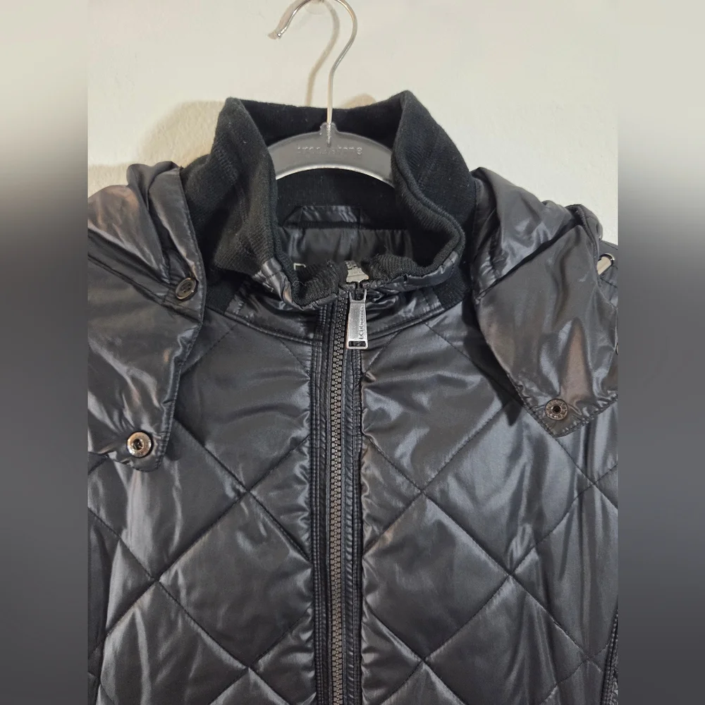 BCBGeneration Black Longline Quilted Lightweight Detachable Hood Puffer Coat